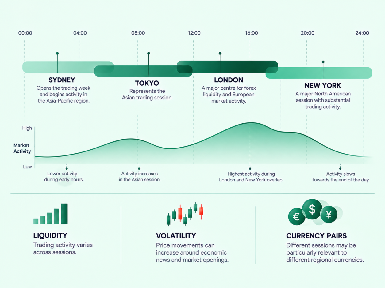 Forex Market Hours and Trading Sessions Explained infographic