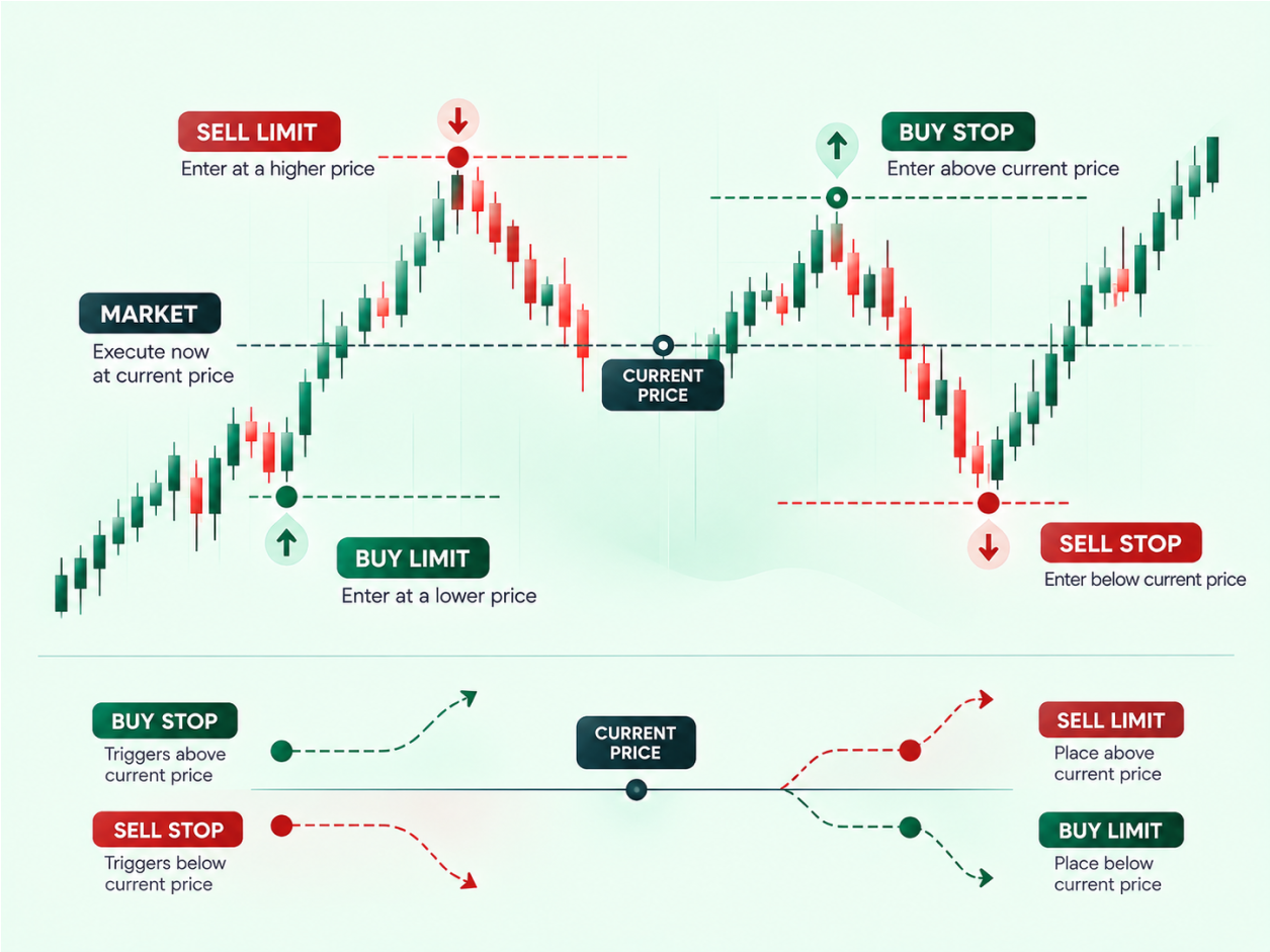 CFD Order Types (Market, Limit, Stop) infographic