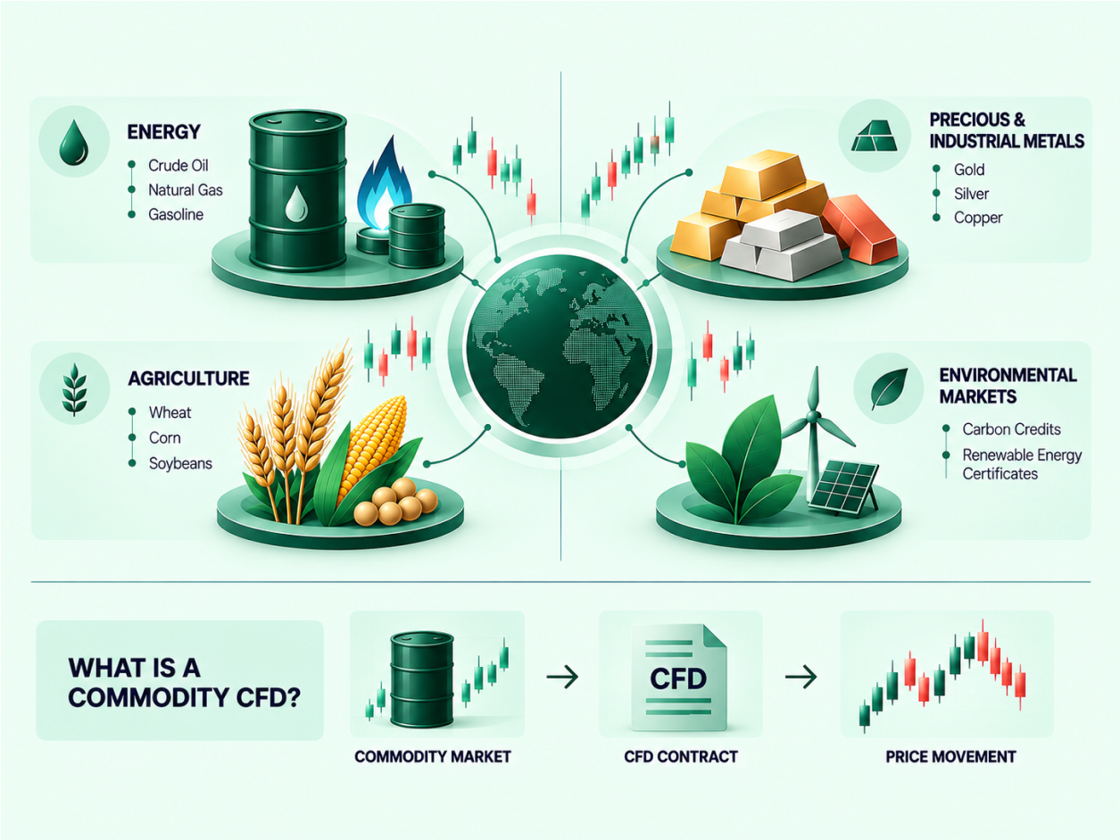 What are Commodity CFDs? Trading Gold Oil and Silver infographic
