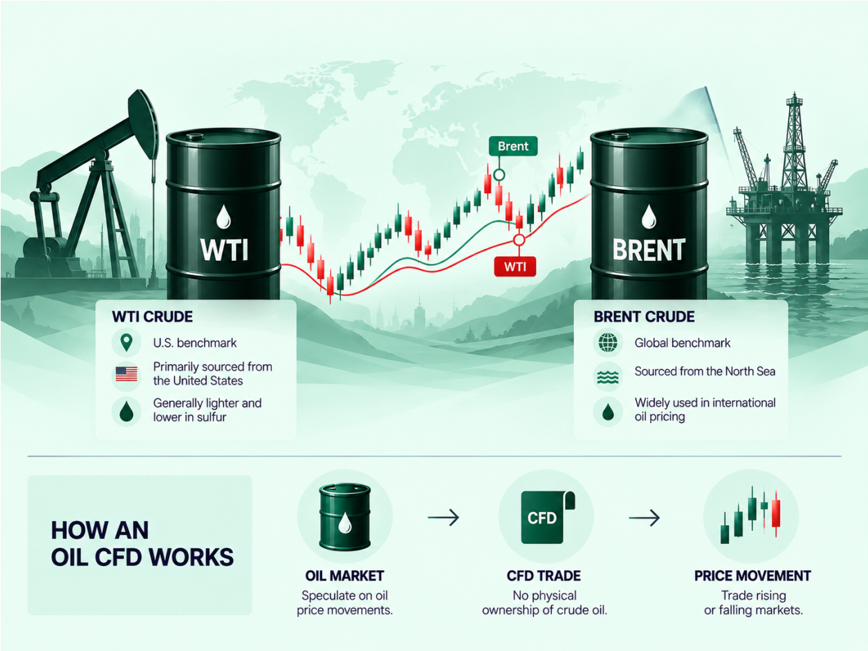How to Trade Oil CFDs: Understanding WTI and Brent Crude infographic