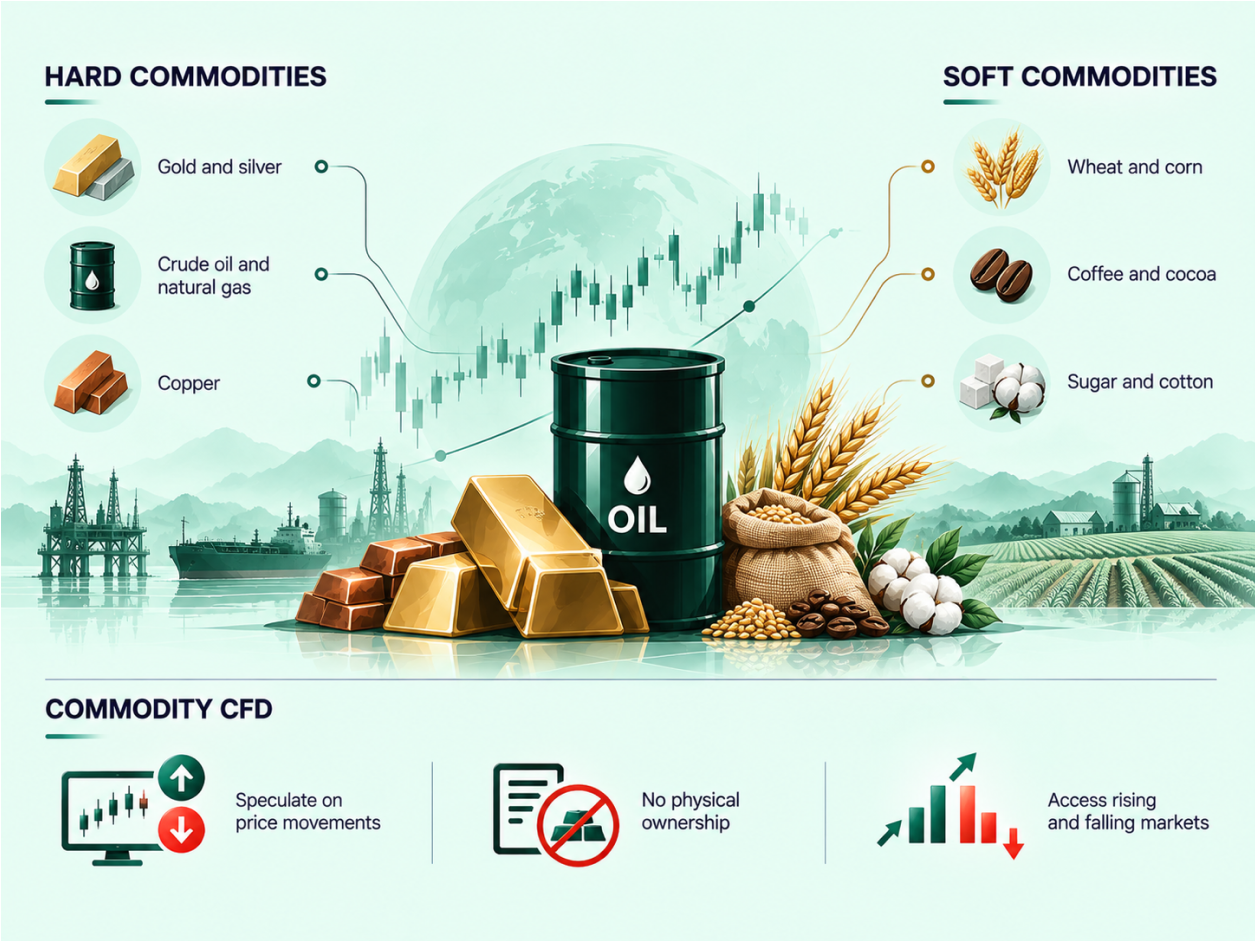 Trading Commodity CFDs: Hard vs. Soft Commodities infographic
