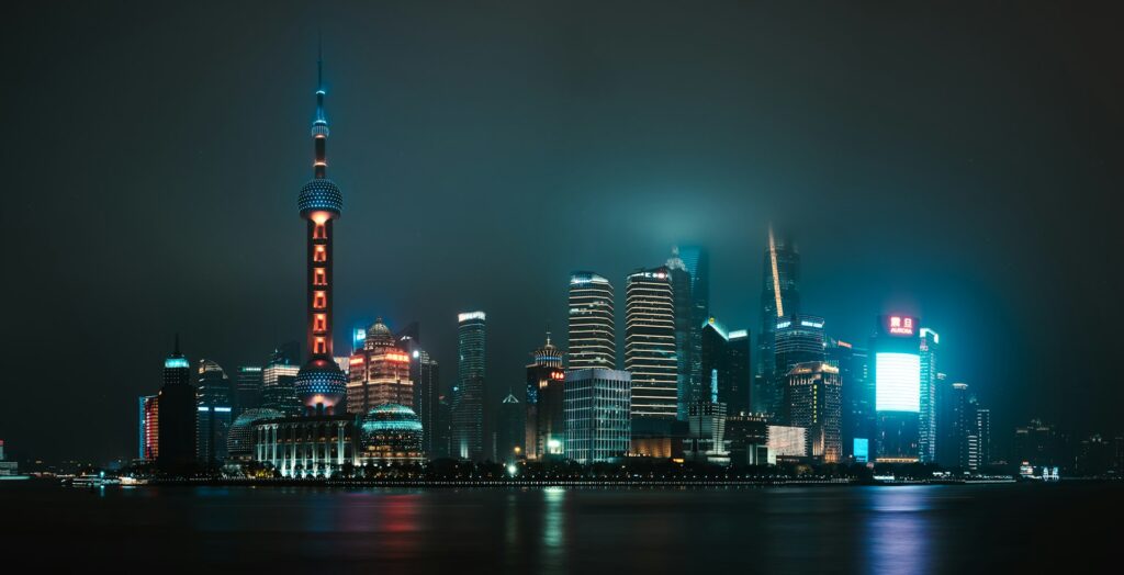 City skyline photographed at night