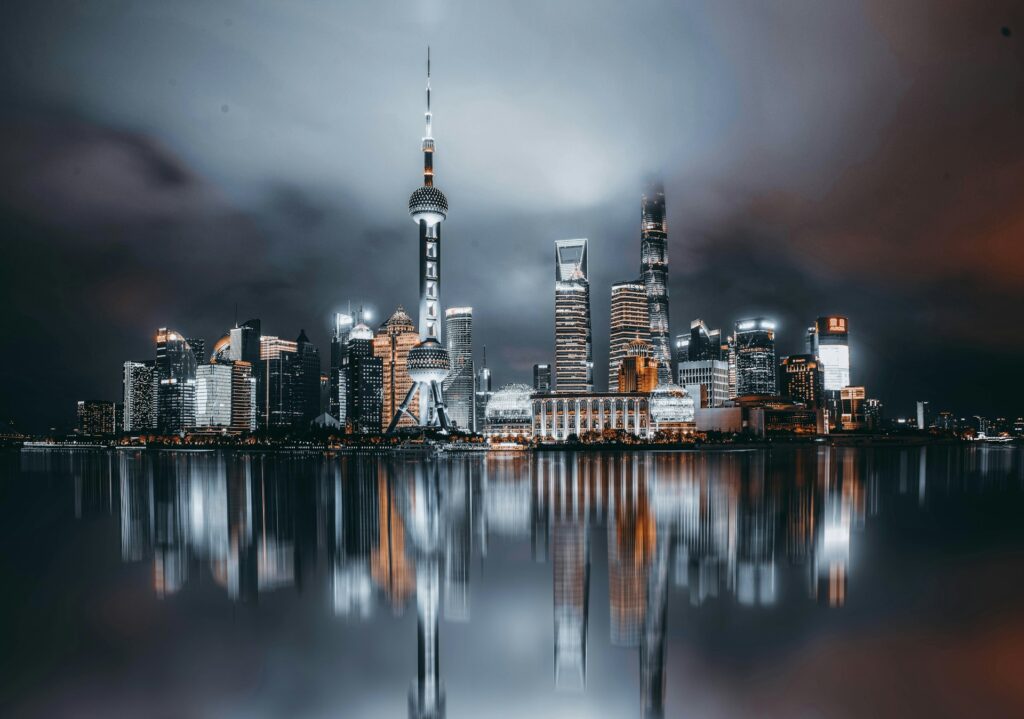 City skyline at night with reflection