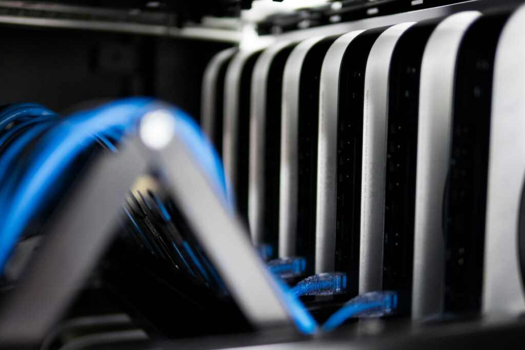 Network cables in a data centre rack