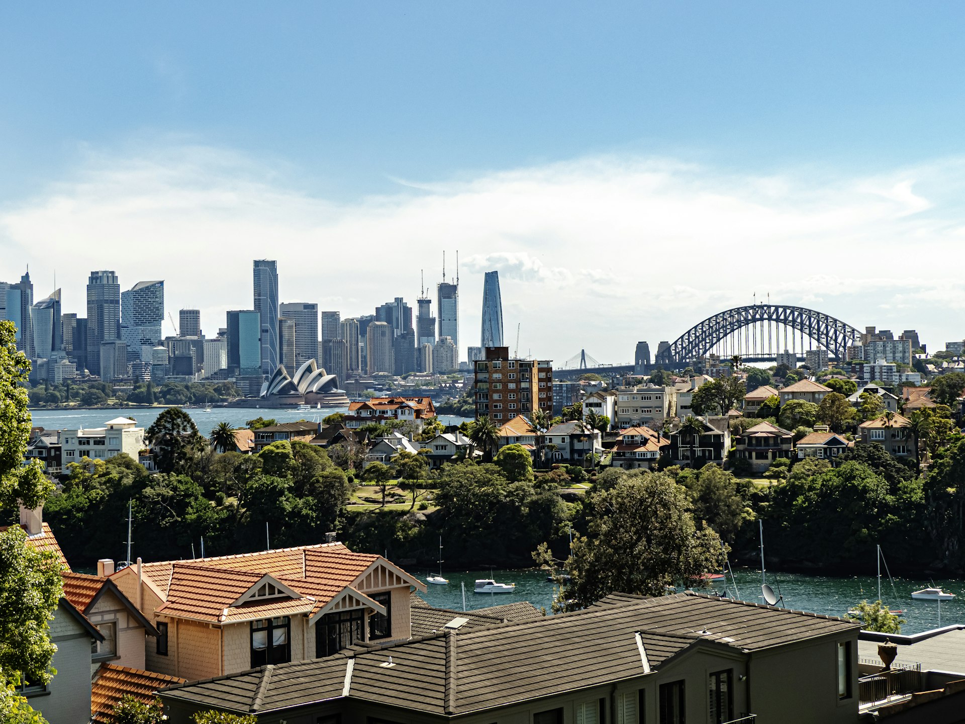 Sydney city skyline across the harbour at dusk, with high-rise office towers along the waterfront