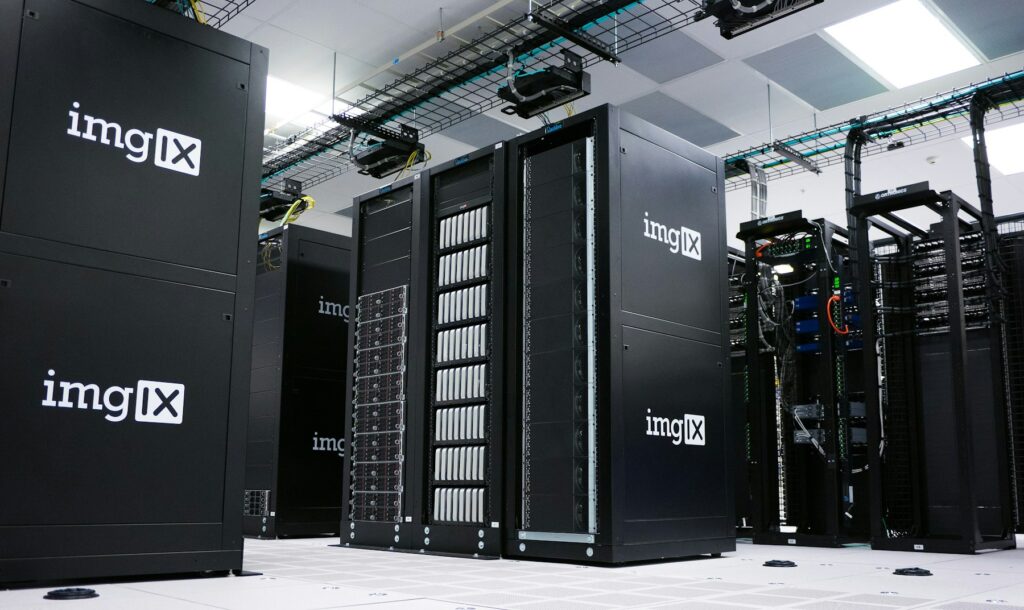 Rows of server racks in a data centre
