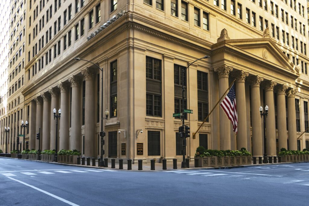 Columned government building with a flag